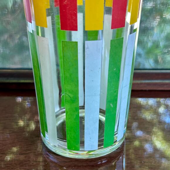 Mid-CenturyOrange and Green Striped Glass Cocktail Shaker w/ Chrome Top, 10” - Picture 6 of 16